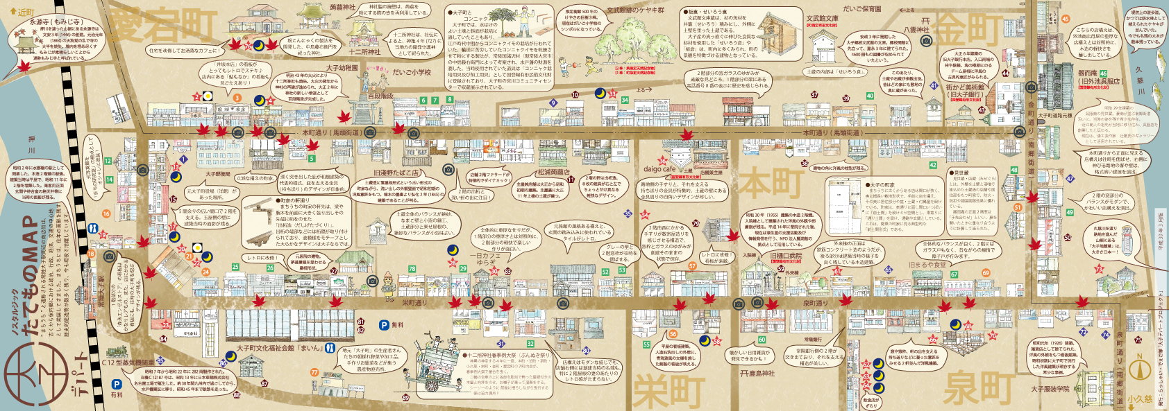 茨城・県北　奥久慈大子町　中心市街地レトロ商店街＝大子デパート　ノスタルジックマップ表